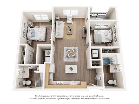 Floor plan for 2 beds, 2 baths, 991 sqft